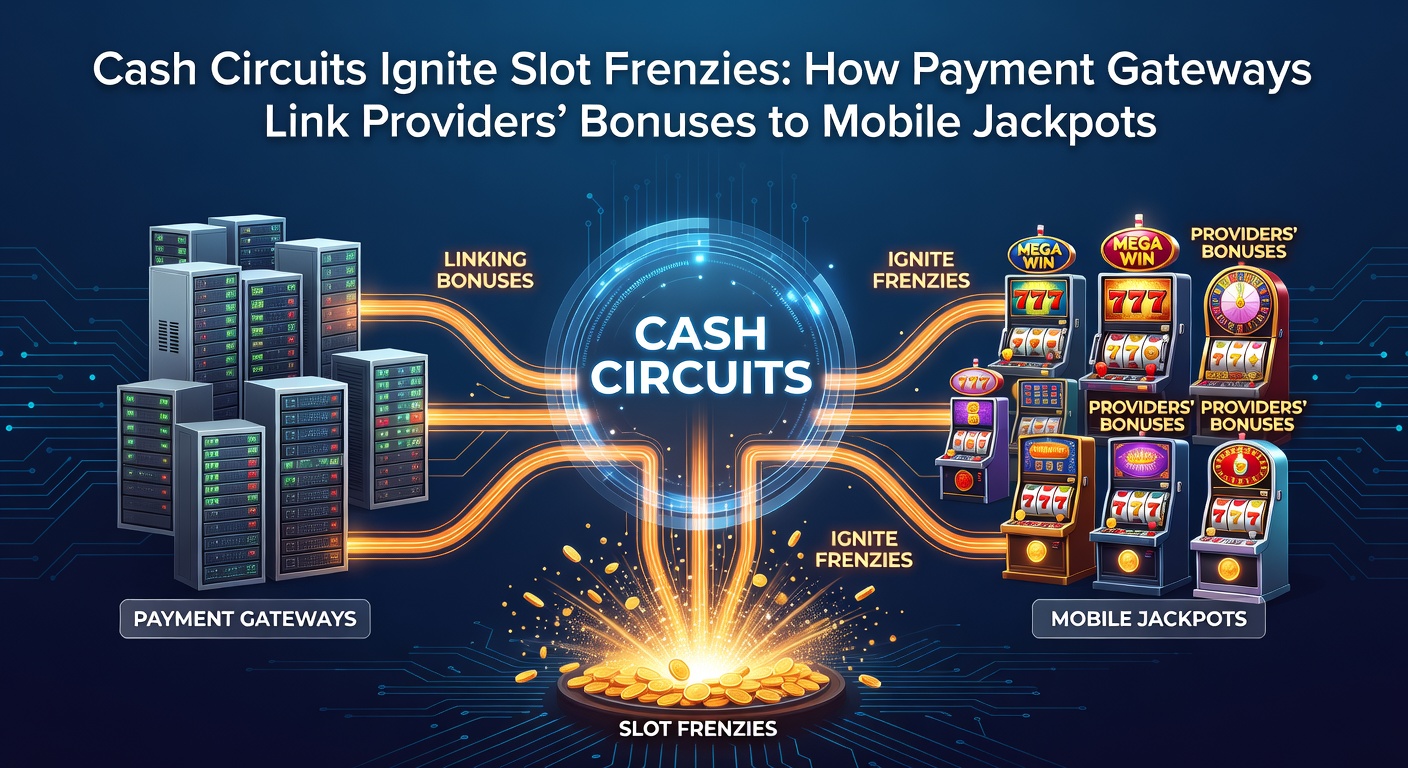 Digital payment gateway interface connecting slot bonuses to mobile jackpot wins, showing flowing cash circuits and vibrant slot reels