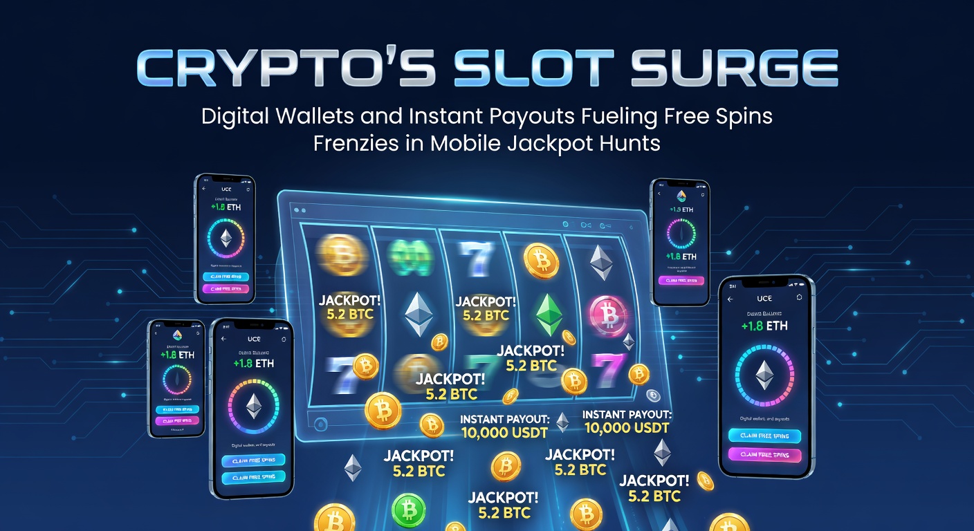 Vibrant digital slot reels spinning with cryptocurrency icons and mobile devices in the foreground, symbolizing the fusion of crypto and mobile gaming
