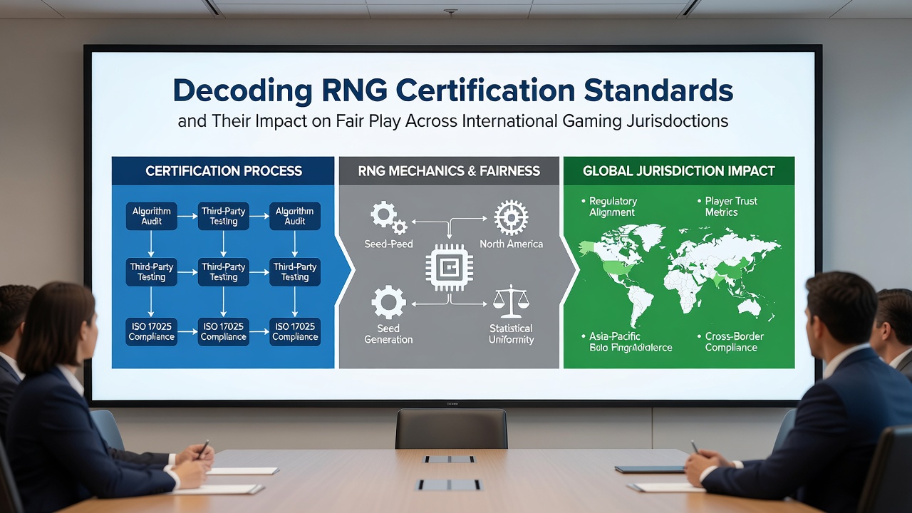 Global map highlighting key gaming jurisdictions with icons representing RNG certification requirements and regulatory bodies