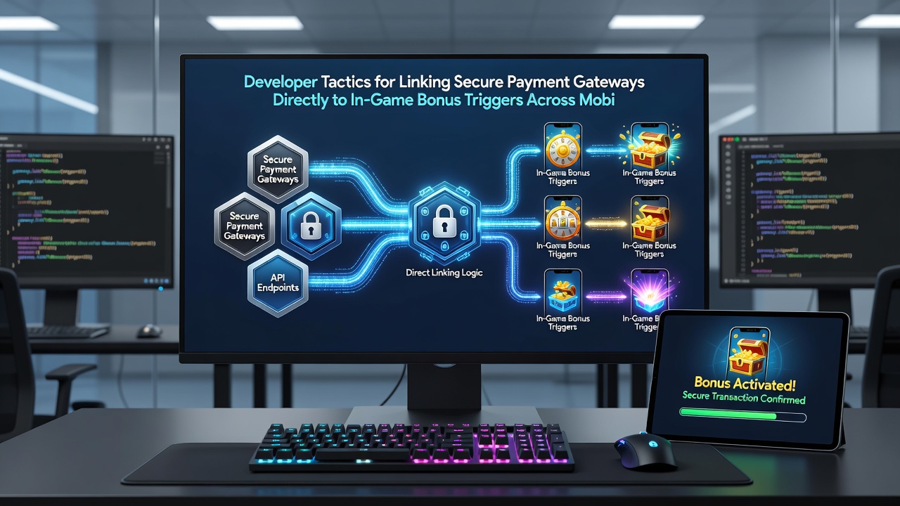 Secure payment flow diagram displayed on a monitor showing encrypted gateway connection to mobile game bonus trigger module