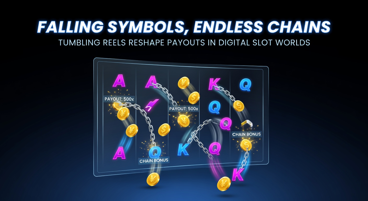 Vibrant digital slot screen showing tumbling symbols cascading down in a chain reaction, with glowing wins exploding and new icons dropping into place