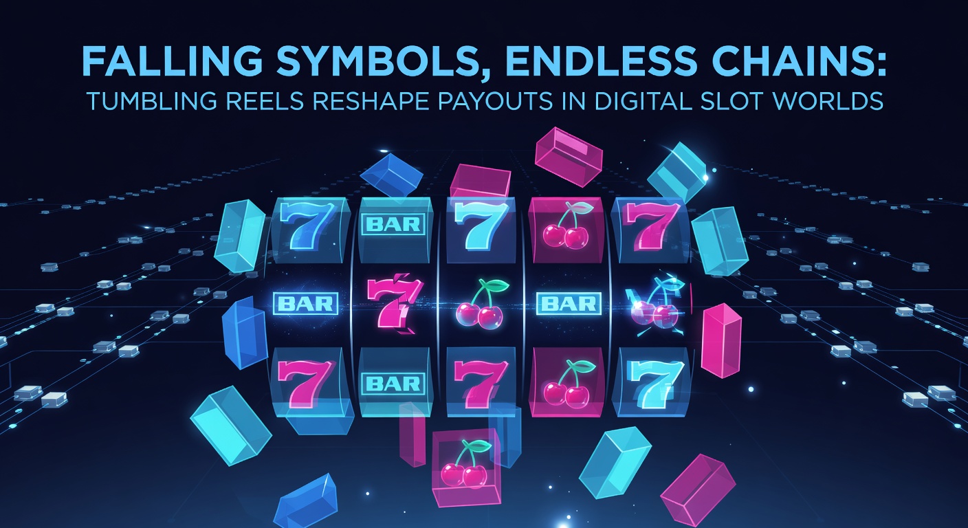 Close-up of a slot game's tumbling sequence mid-chain, multipliers stacking as golden symbols rain down amid exploding wins and fiery animations
