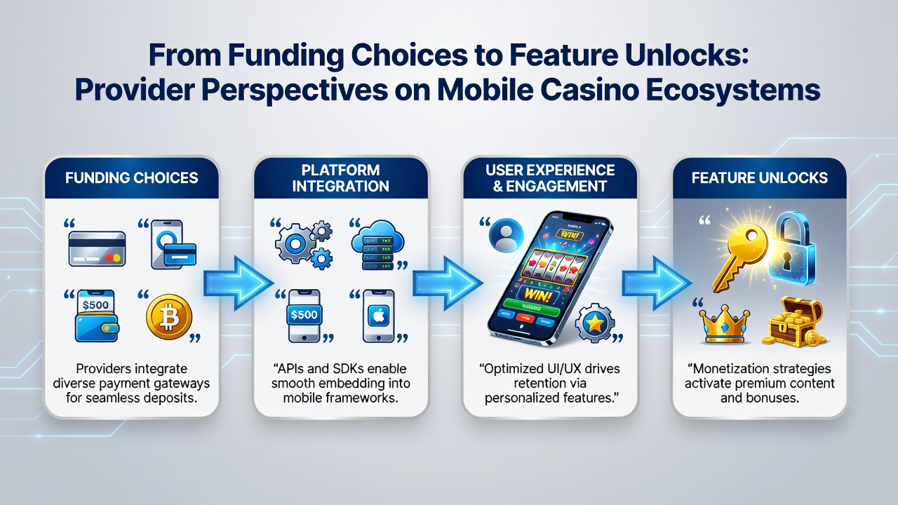 Infographic illustrating mobile casino funding flows and feature progression paths