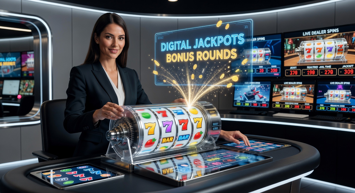 A live dealer at a high-tech table spinning a physical slot reel while digital jackpot counters glow on overhead screens
