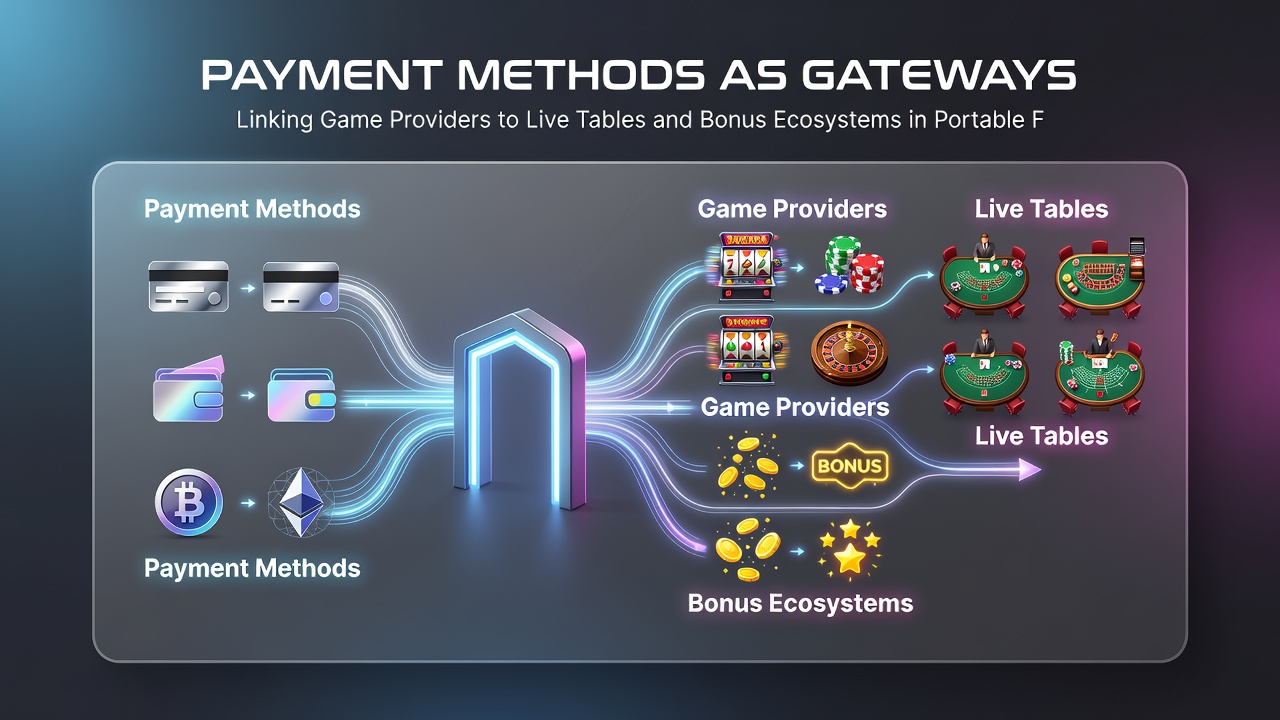 Mobile interface showing payment gateways linking live tables with bonus rewards and game provider content