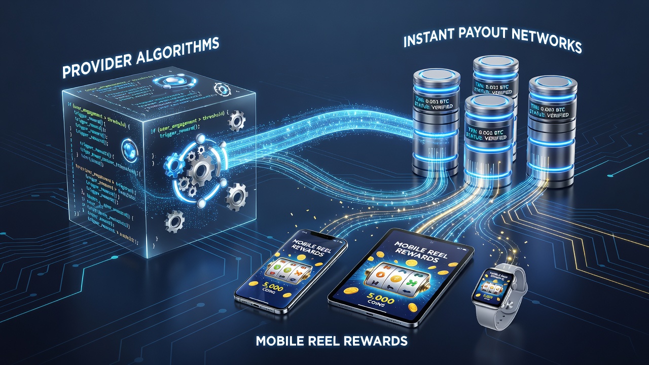 Infographic illustrating data flow from mobile reel algorithm to instant payout network and player wallet