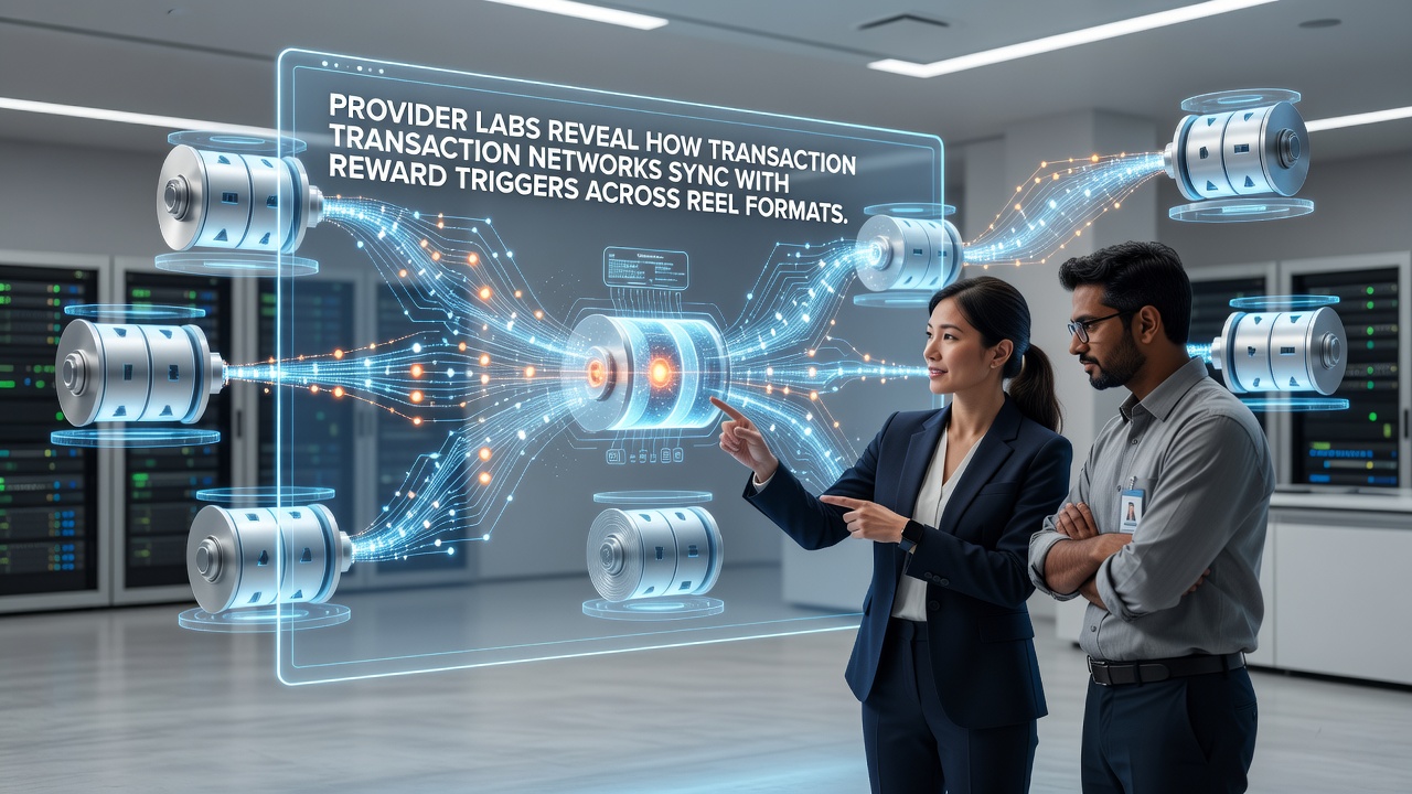 Provider lab technicians analyzing transaction network synchronization with reel reward triggers