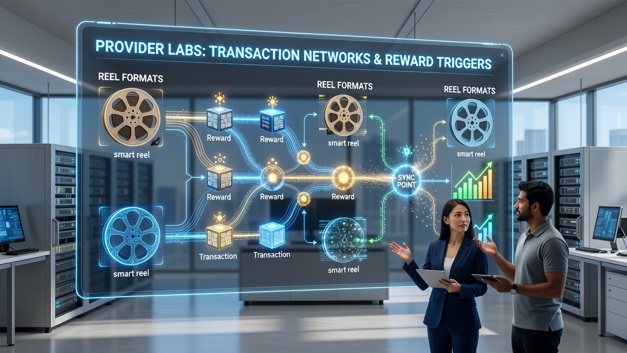 Network diagrams illustrating sync points between transaction ledgers and reel reward triggers