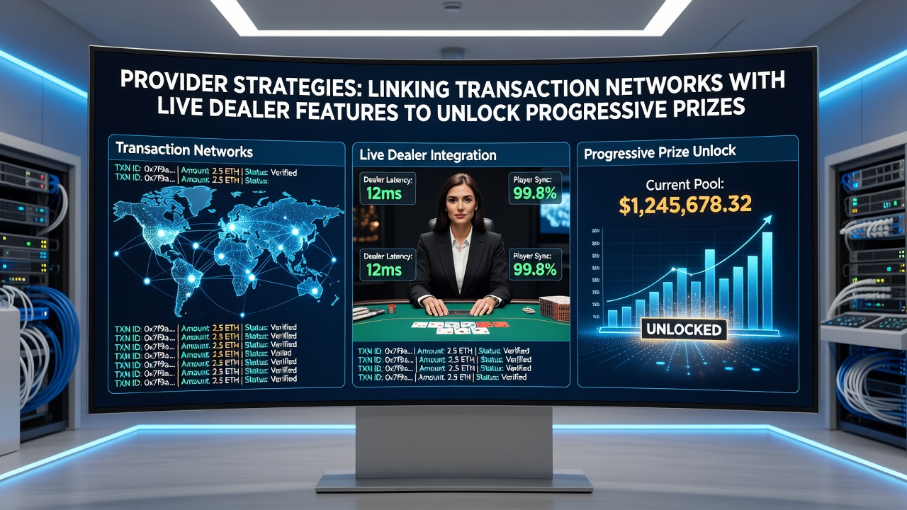 Live dealer studio connected to digital reel servers illustrating progressive prize synchronization